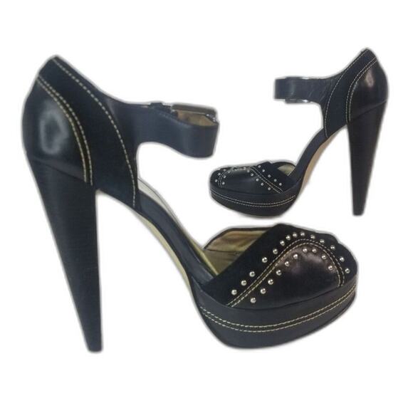 MICHAEL Michael Kors Peep Toe Black Platforms Heels Metal Detail Size 6.5 - Picture 1 of 9